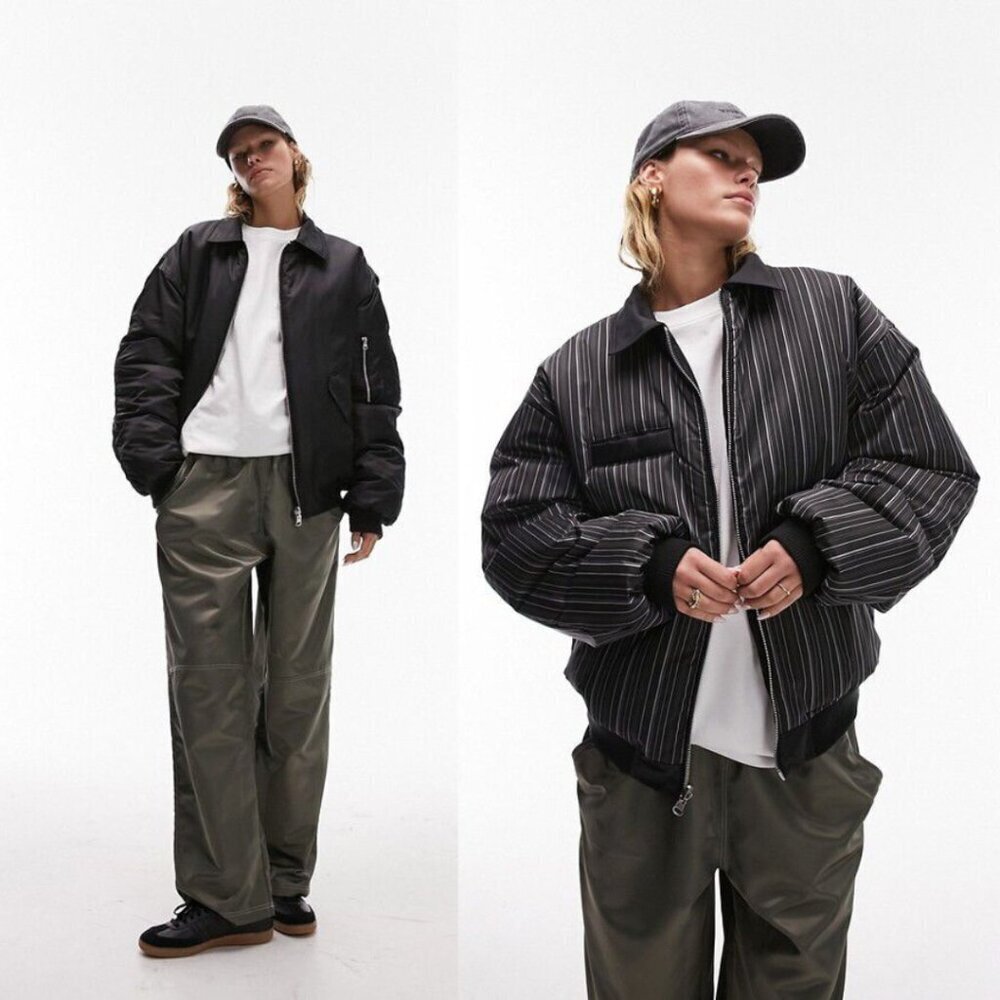 Topshop Reversible Collared Nylon Bomber Jacket with Stripe in Black